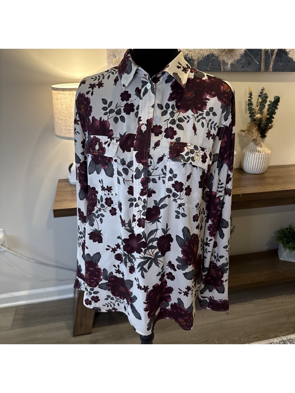 Loft Plum Floral Half Button Collared Long Sleeve Blouse Size L